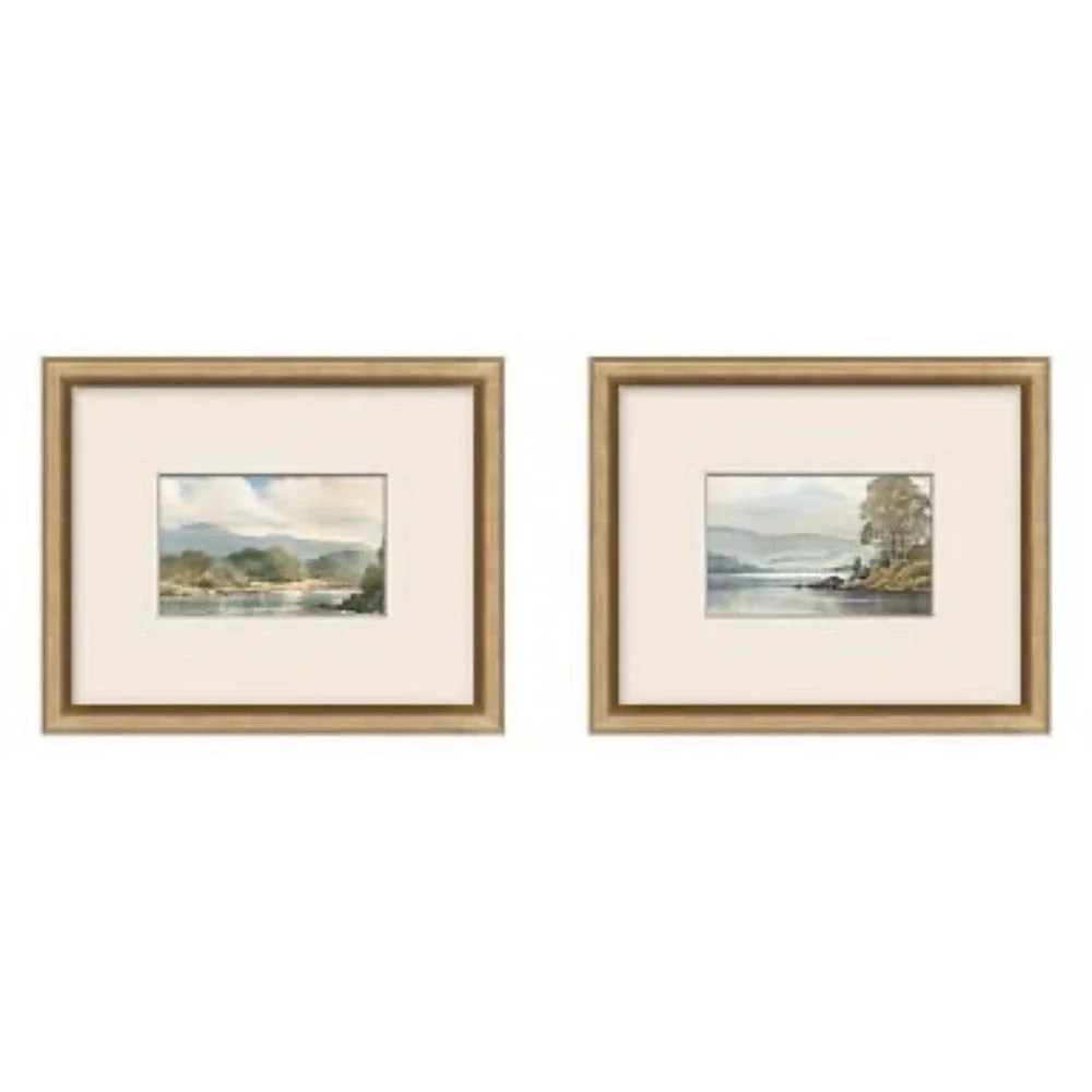Pottery Barn Framed Landscape Art Print Gold Finish Wood Frame Wall Set of 2